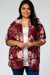 Burgundy 3/4 Sleeve Floral Chiffon Open Front Plus Maternity Cover Up