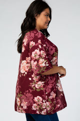 Burgundy 3/4 Sleeve Floral Chiffon Open Front Plus Cover Up