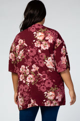 Burgundy 3/4 Sleeve Floral Chiffon Open Front Plus Cover Up