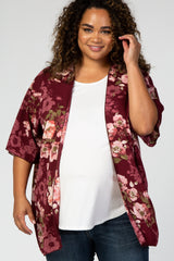 Burgundy 3/4 Sleeve Floral Chiffon Open Front Plus Maternity Cover Up