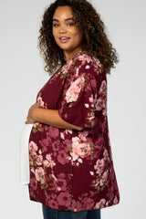 Burgundy 3/4 Sleeve Floral Chiffon Open Front Plus Maternity Cover Up