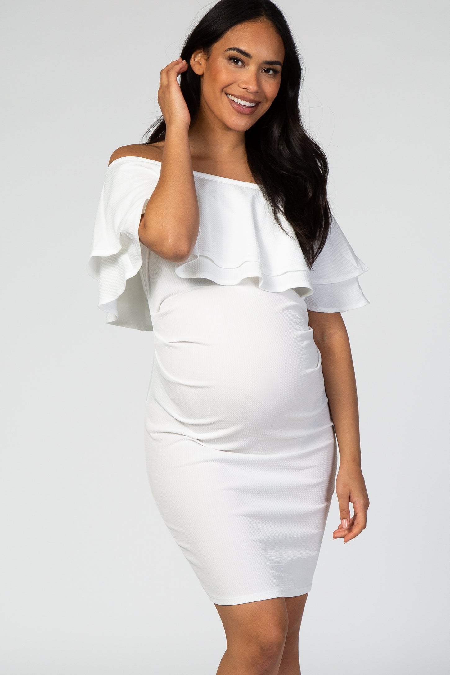 White Off Shoulder Ruched Maternity Dress