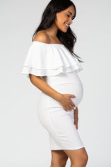 White Off Shoulder Ruched Maternity Dress