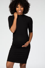 Black 3/4 Sleeve Mock Neck Ribbed Fitted Silhouette Maternity Dress