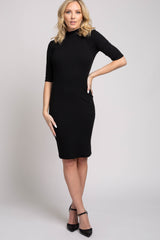 Black 3/4 Sleeve Mock Neck Ribbed Fitted Silhouette Maternity Dress