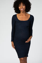 Navy Blue Long Sleeve Square Neck Shimmer Maternity Dress