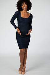 Navy Blue Long Sleeve Square Neck Shimmer Maternity Dress