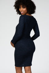 Navy Blue Long Sleeve Square Neck Shimmer Maternity Dress