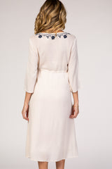 Beige Floral Embroidered 3/4 Sleeve Maternity Midi Dress