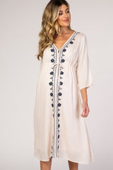 Beige Floral Embroidered 3/4 Sleeve Maternity Midi Dress