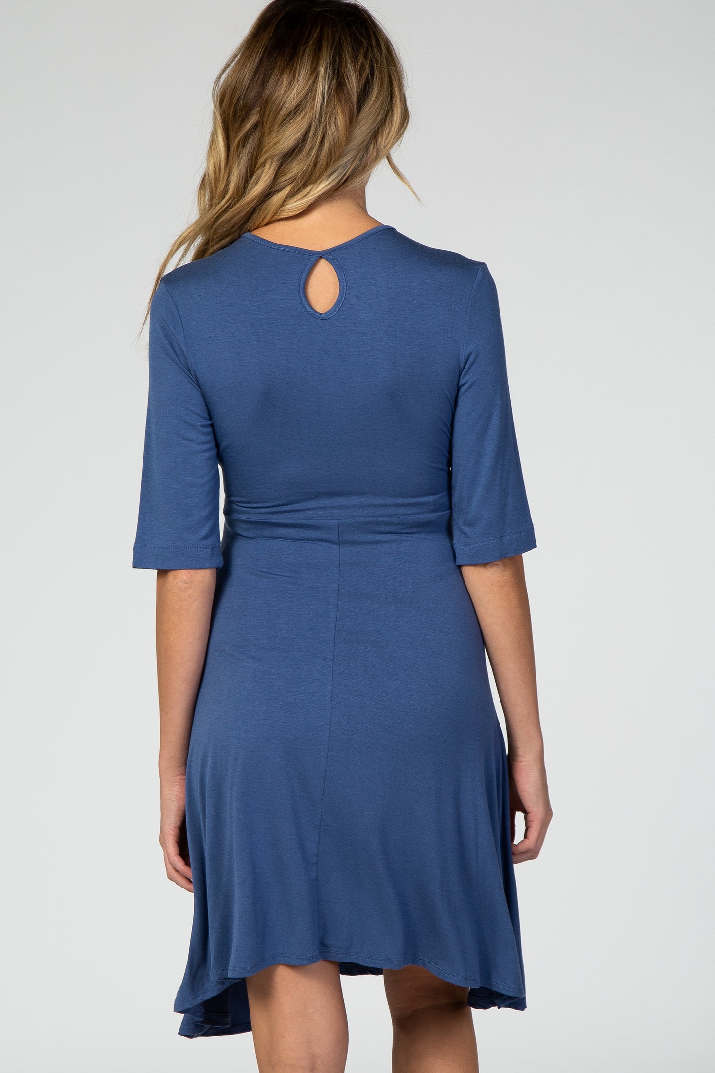 Blue 3/4 Sleeve V-Neck Front Tie Maternity Nursing Dress