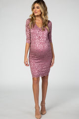 Mauve 3/4 Sleeve Lace Floral Maternity Dress