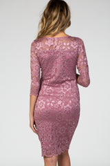 Mauve 3/4 Sleeve Lace Floral Maternity Dress