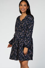 Navy Floral Long Sleeve Waist Tie Maternity Dress