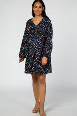 Navy Floral Long Sleeve Waist Tie Maternity Dress