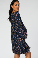 Navy Floral Long Sleeve Waist Tie Maternity Dress