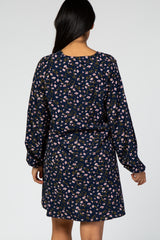 Navy Floral Long Sleeve Waist Tie Maternity Dress