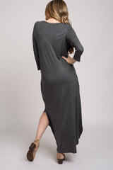 Charcoal 3/4 Sleeve Side Slit Maxi Dress