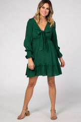 Green Tie Front Ruffle Accent Mini Dress