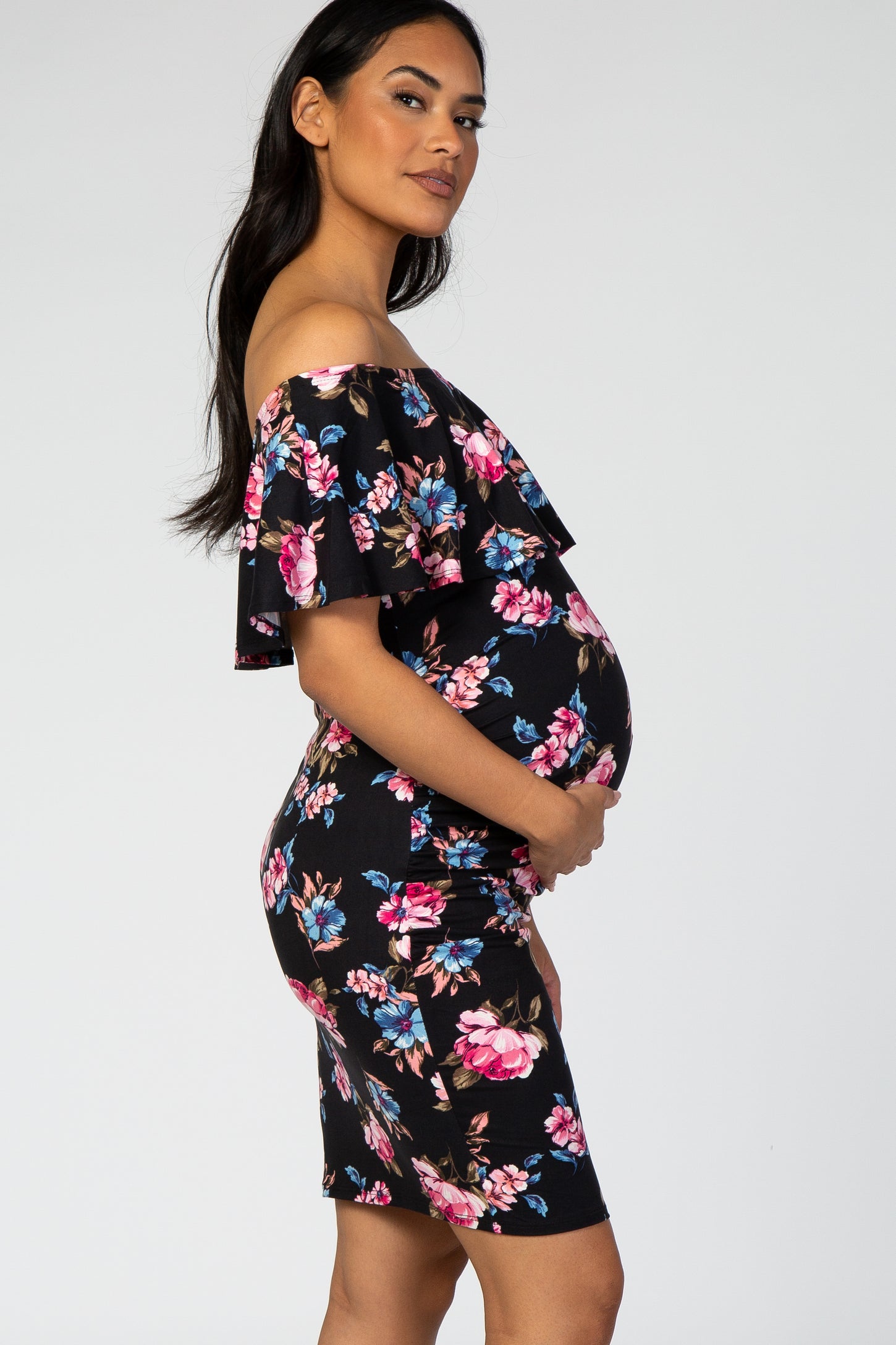Black Floral Off Shoulder Maternity Dress