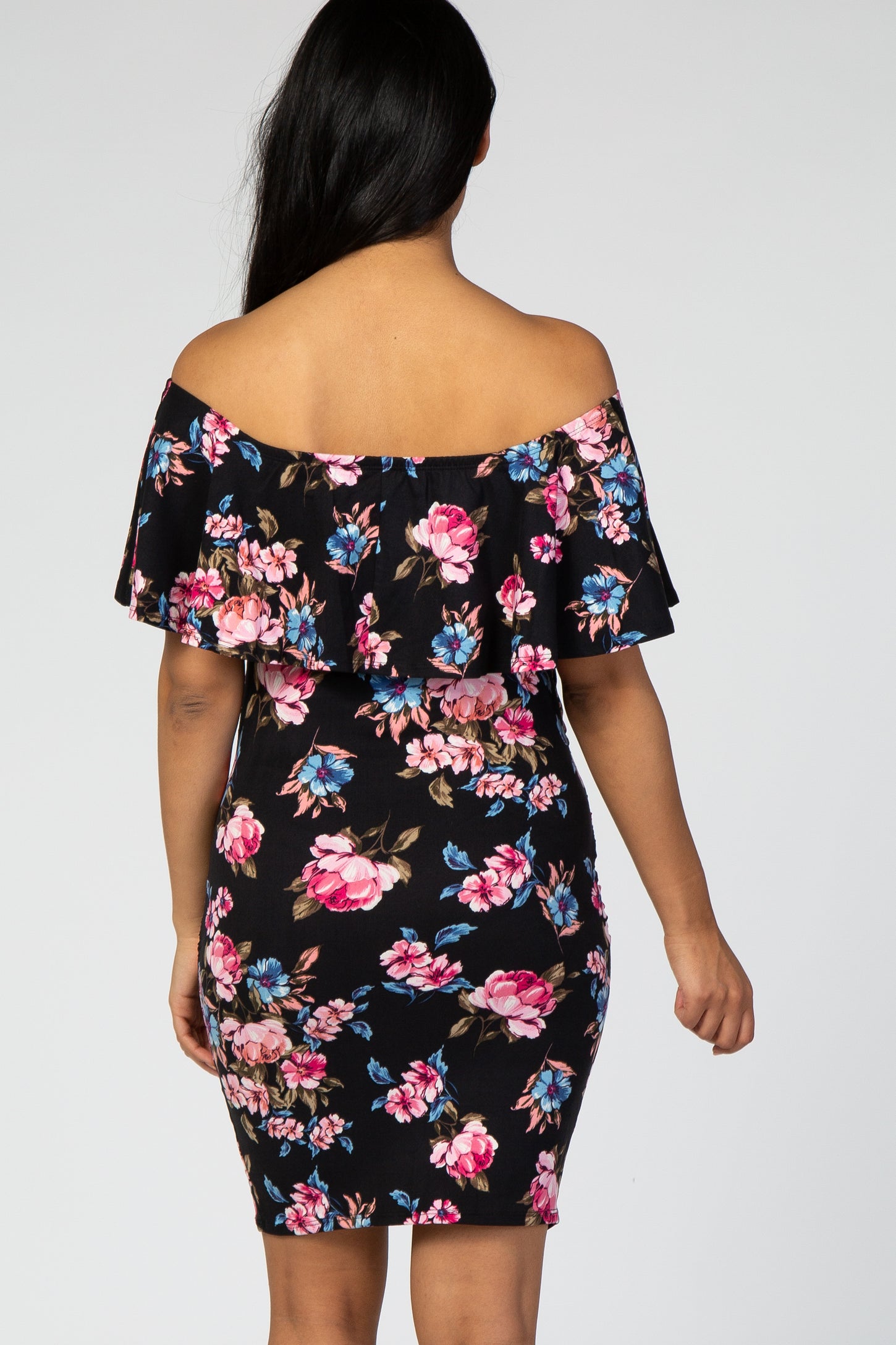 Black Floral Off Shoulder Maternity Dress