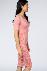PinkBlush Mauve Ruched Round Neck Short Sleeve Midi Dress