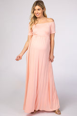 PinkBlush Light Pink Off The Shoulder Short Sleeve Maternity Maxi Dress