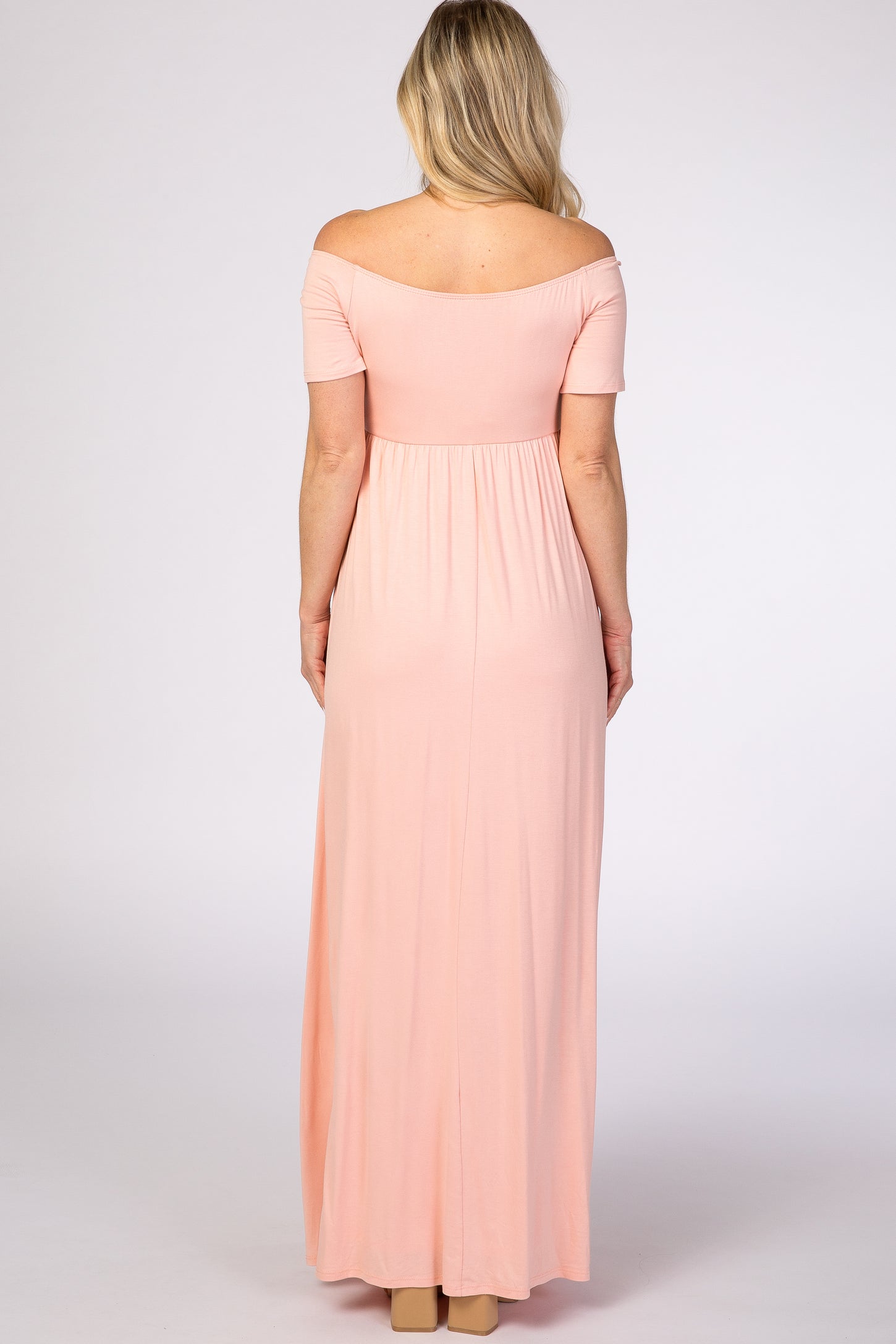 PinkBlush Light Pink Off The Shoulder Short Sleeve Maternity Maxi Dress