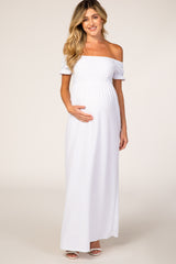 PinkBlush White Off Shoulder Textured Polka Dot Short Sleeve Maternity Maxi Dress