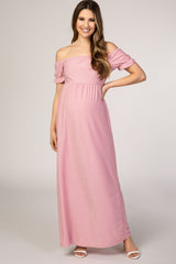 PinkBlush Mauve Off Shoulder Textured Polka Dot Short Sleeve Maternity Maxi Dress