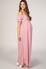 PinkBlush Mauve Off Shoulder Textured Polka Dot Short Sleeve Maternity Maxi Dress