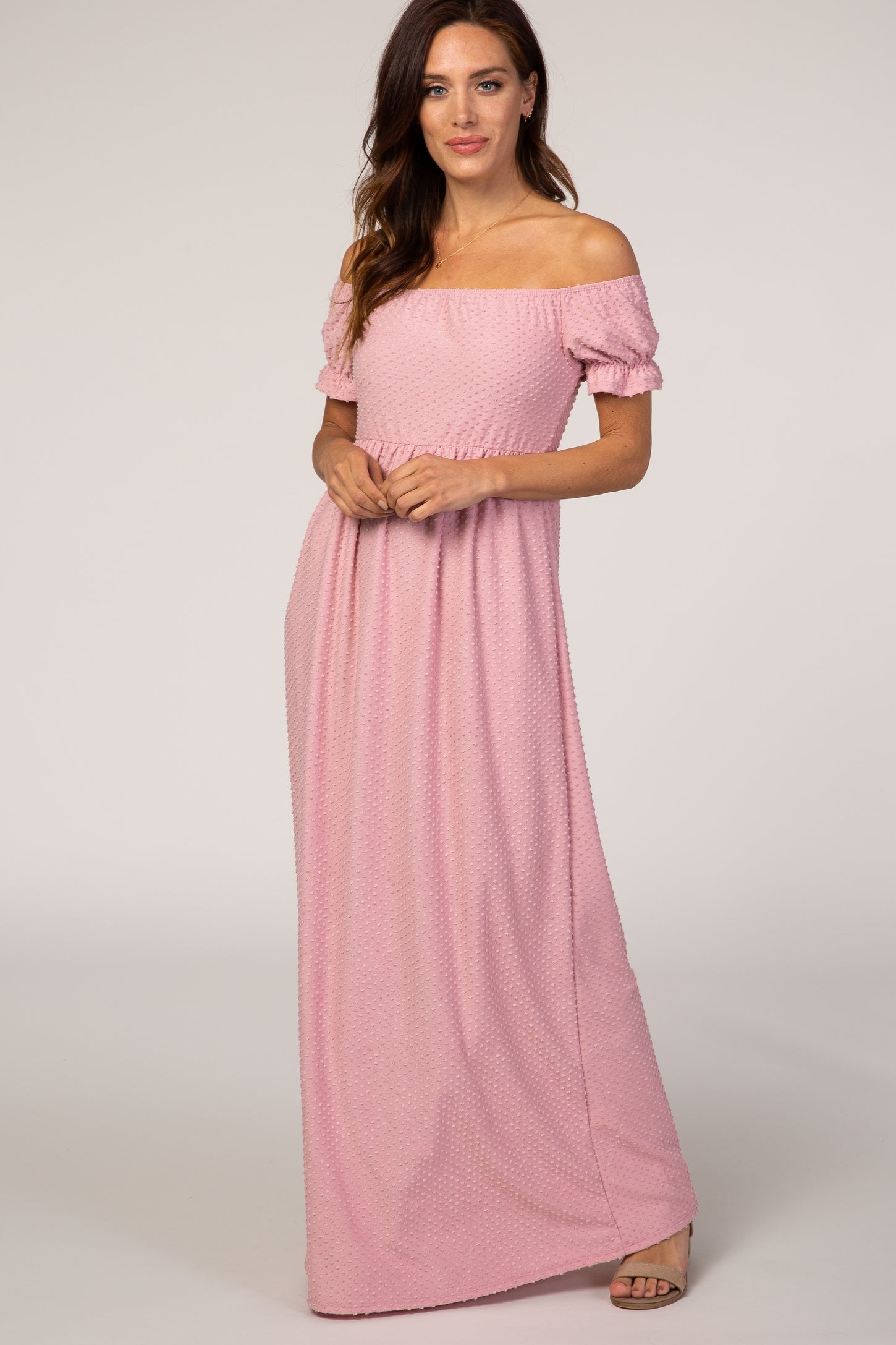 PinkBlush Mauve Off Shoulder Textured Polka Dot Short Sleeve Maxi Dress