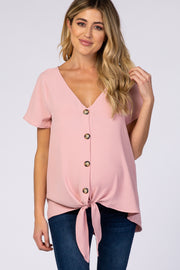 Light Pink Button Tie Front Maternity Top