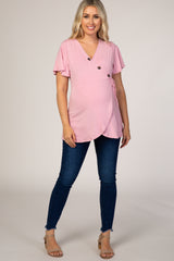 PinkBlush Mauve Short Sleeve Button Accent Wrap Maternity/Nursing Top