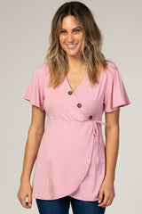 PinkBlush Mauve Short Sleeve Button Accent Wrap Nursing Top