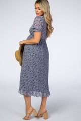 Navy Floral Smocked Neck Maternity Midi Dress