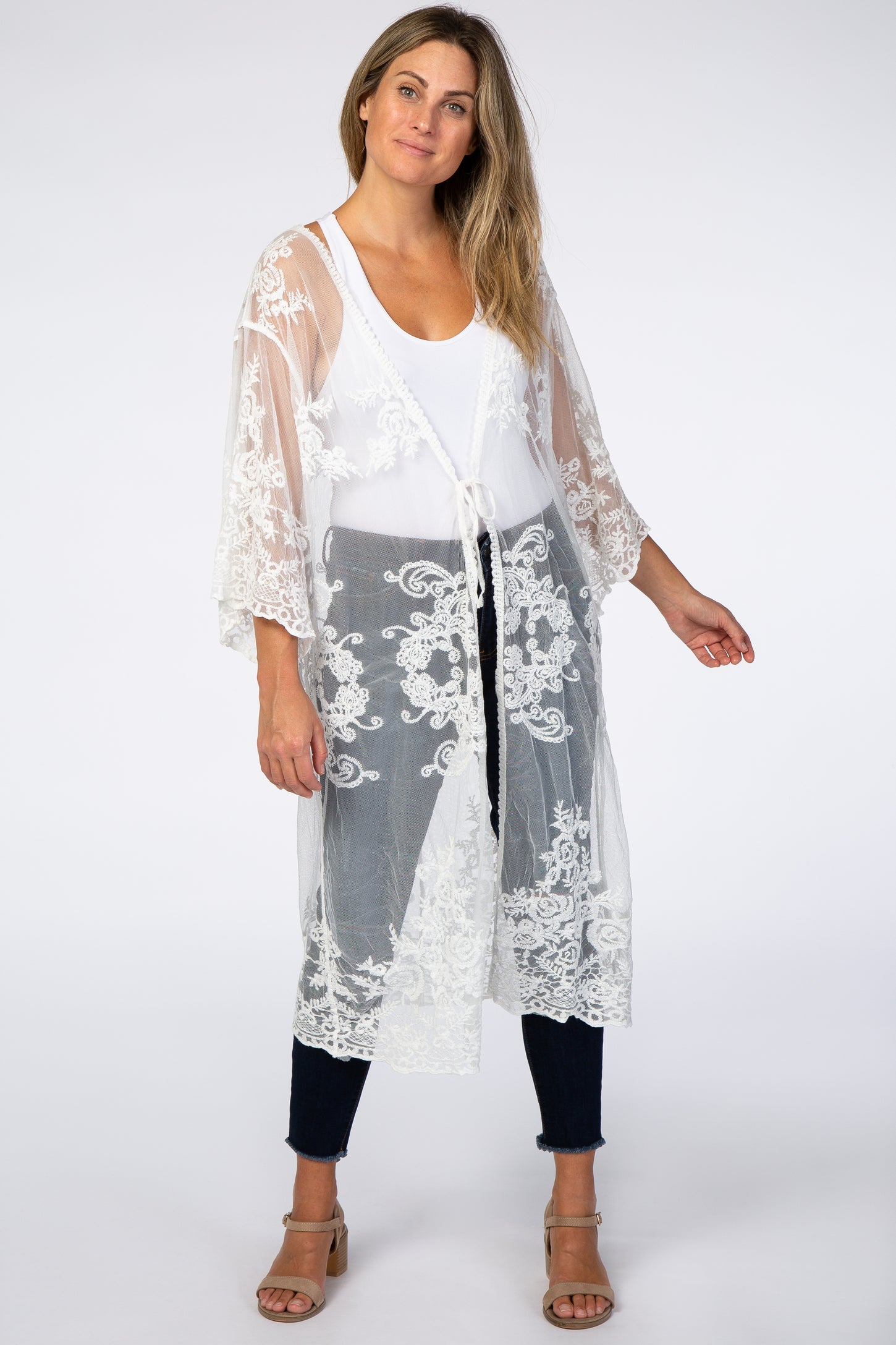 White Embroidered Lace Mesh Maternity Cover Up