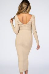 Taupe V-Neck Long Sleeve Fitted Maternity Maxi Dress