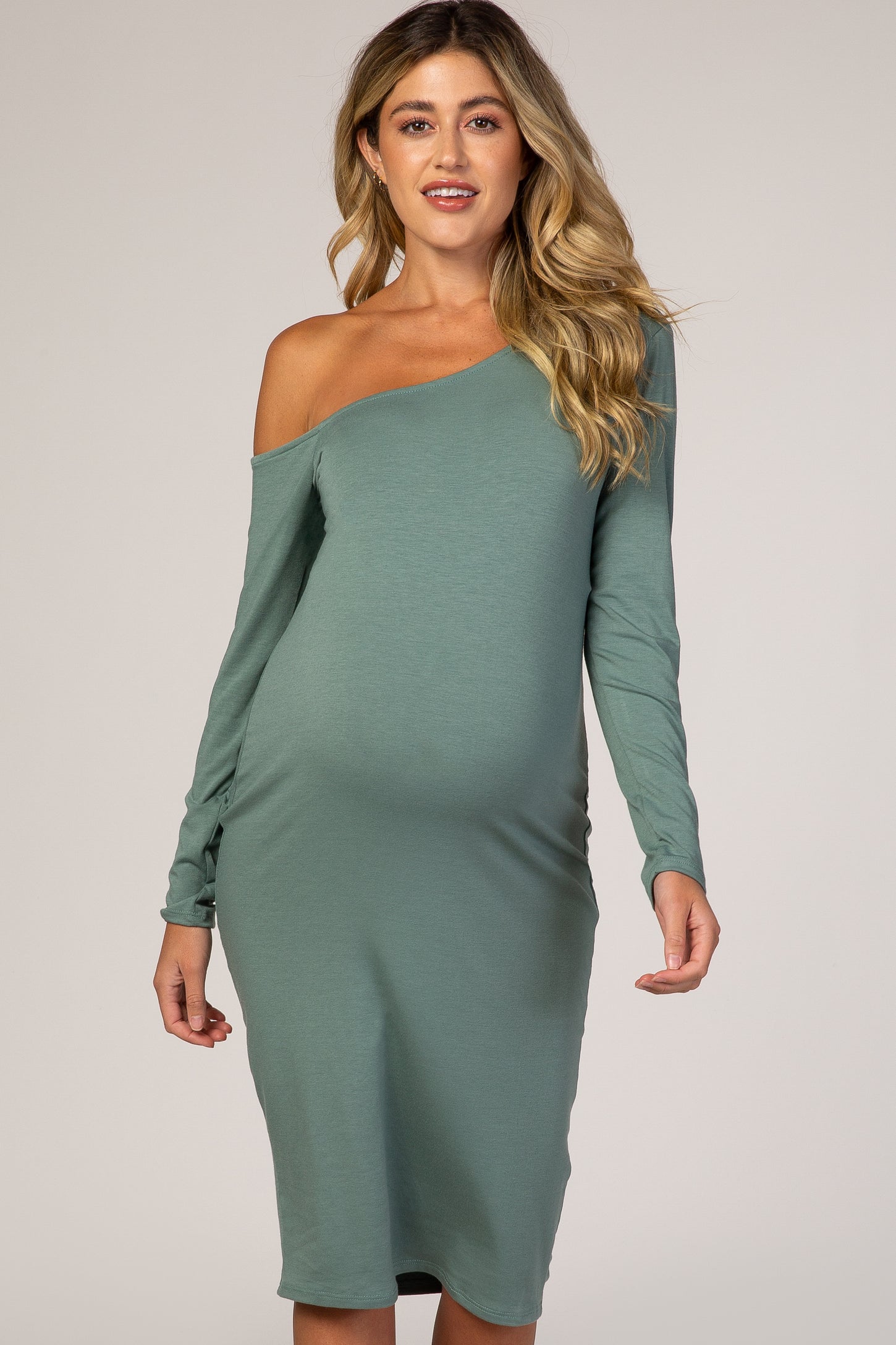 PinkBlush Dusty Green One Shoulder Fitted Midi Maternity Dress