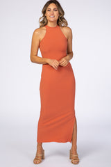 Rust Ribbed Halter Neck Fitted Maternity Maxi Dress