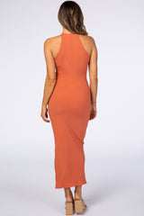 Rust Ribbed Halter Neck Fitted Maxi Dress