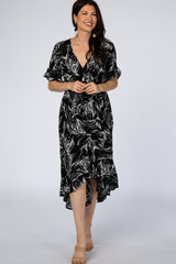 Black Leaf Print Hi-Low Wrap Midi Dress
