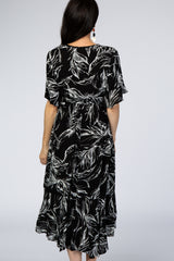 Black Leaf Print Hi-Low Wrap Midi Dress