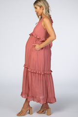 Mauve Halter Neck Ruffle Trim Maternity Maxi Dress