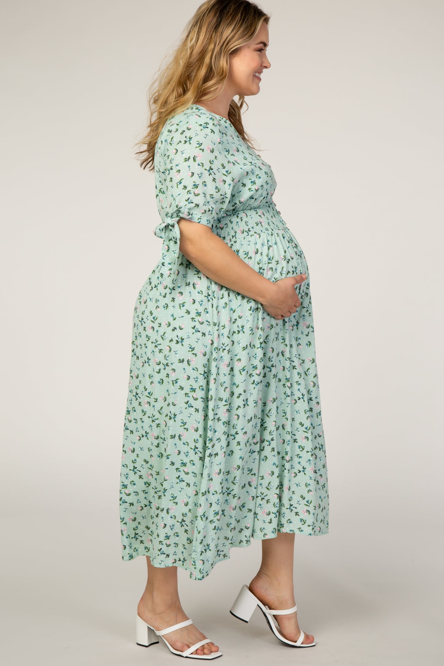 Mint Green Floral Tie Sleeve Maternity Plus Midi Dress