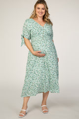 Mint Green Floral Tie Sleeve Maternity Plus Midi Dress