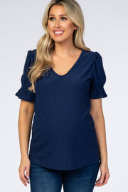 Navy Swiss Dot Puff Ruffle Short Sleeve Maternity Top