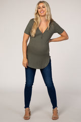 Olive Ribbed Short Sleeve Button Detail Maternity Top