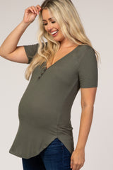 Olive Ribbed Short Sleeve Button Detail Maternity Top