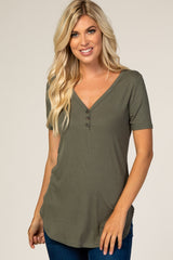 Olive Ribbed Short Sleeve Button Detail Maternity Top